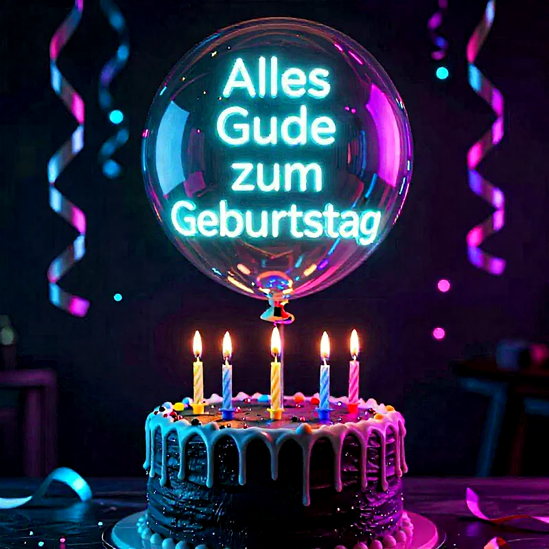 Ein dunkler Geburtstagskuchen mit farbigen Glasuren und fünf leuchtenden Kerzen. Darüber schwebt ein transparenter Ballon mit neonfarbenem Schriftzug "Alles Gute zum Geburtstag", umgeben von festlichen Bändern.