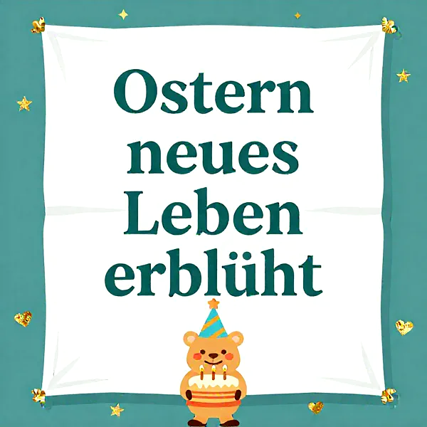 Ein niedlicher Bär mit Partyhut hält eine festliche Torte mit Kerzen. Das weiße Banner mit dem Text 'Ostern neues Leben erblüht' schwebt vor einem tealgrünen Hintergrund, verziert mit goldenen Sternen und Herzen.