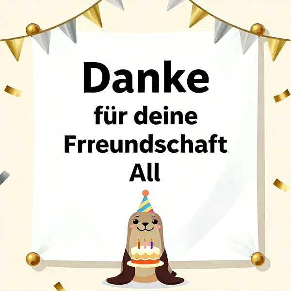 Ein süßer Seehund mit Partyhut hält eine Geburtstagstorte mit drei Kerzen. Goldene und silberne Girlanden und Konfetti umrahmen die Botschaft 'Danke für deine Freundschaft All', die Wertschätzung ausdrückt.