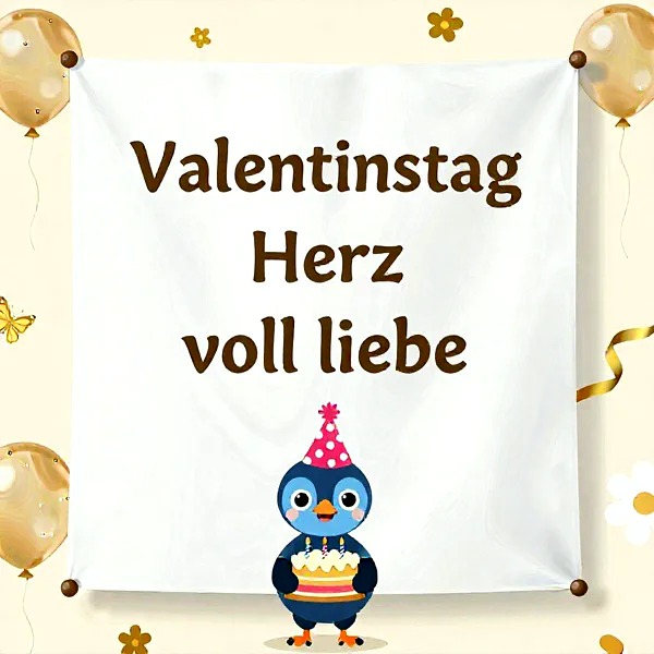 Ein entzückender blauer Vogel mit pinkem Partyhut hält eine bunte Geburtstagstorte mit leuchtenden Kerzen. Der süße Gruß auf einem weißen Banner, umgeben von goldenen Ballons und Schmetterlingen, strahlt fröhliche Glückwünsche aus.