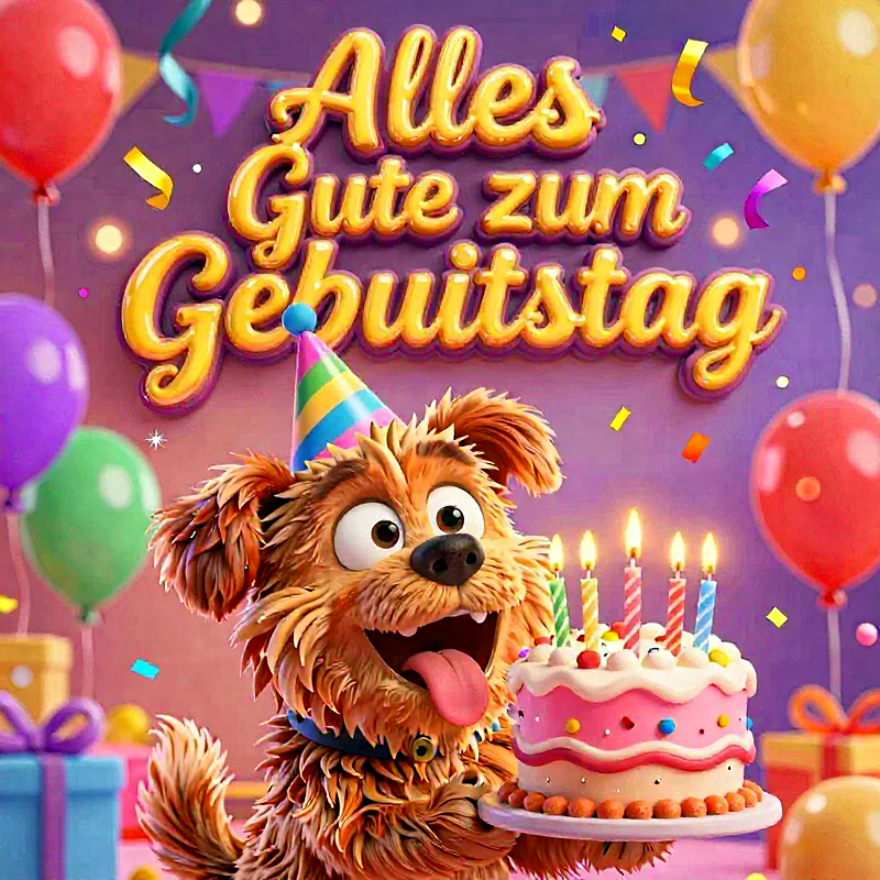 Ein flauschiger Cartoon-Hund mit Partyhut hält eine rosa Geburtstagstorte mit fünf brennenden Kerzen. Im Hintergrund schweben bunte Ballons und Konfetti fällt. Eine fröhliche und festliche Szene zum Geburtstag.