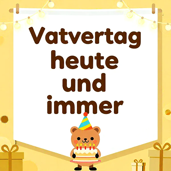 Niedlicher brauner Bär mit bunter Partyhut trägt eine Geburtstagstorte mit fünf Kerzen. Festliche Lichterketten und Geschenke umrahmen das Bild auf gelbem Hintergrund, strahlen eine fröhliche Stimmung aus.