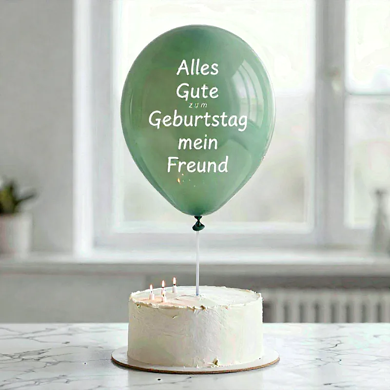 Ein weißer Geburtstagskuchen mit drei brennenden Kerzen. Ein hellgrüner Ballon schwebt darüber, bedruckt mit den Worten: 'Alles Gute zum Geburtstag mein Freund'. Die Szene wirkt freundlich und feierlich auf einem hellen Hintergrund.