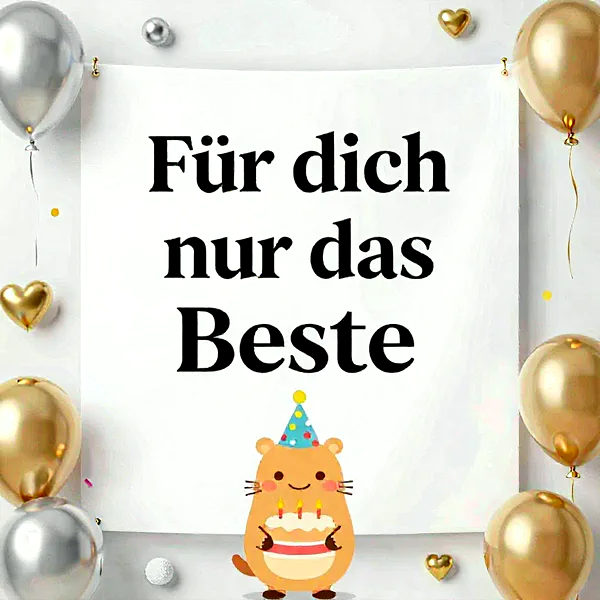 Ein niedlicher Cartoon-Hamster mit Partyhut hält eine Geburtstagstorte mit drei Kerzen. Der Hintergrund zeigt eine weiße Leinwand, umgeben von goldenen und silbernen Ballons sowie Herzen, was eine liebevolle festliche Atmosphäre schafft.