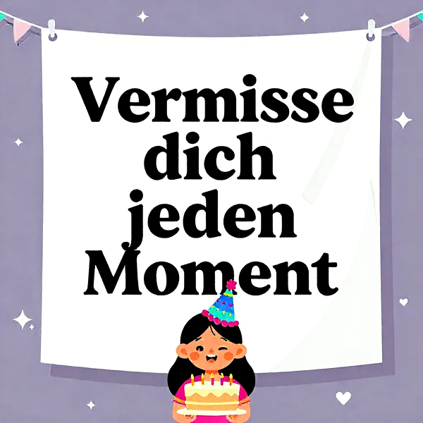 Niedliche Cartoon-Figur mit Partyhut und Geburtstagstorte hält ein Banner mit dem Spruch „Vermisse dich jeden Moment“. Die festliche lila Umgebung ist mit Herzen und Sternen verziert, ideal für liebevolle Geburtstagsgrüße.