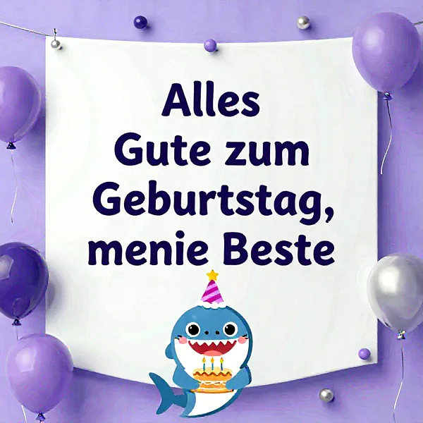 Fröhliches Geburtstagsbild mit einem lila Hintergrund. Ein süßer blauer Hai im Partyhut hält eine Geburtstagstorte mit Kerzen. Zahlreiche lila und silberne Ballons umrahmen den herzlichen Geburtstagsgruß für die beste Freundin.