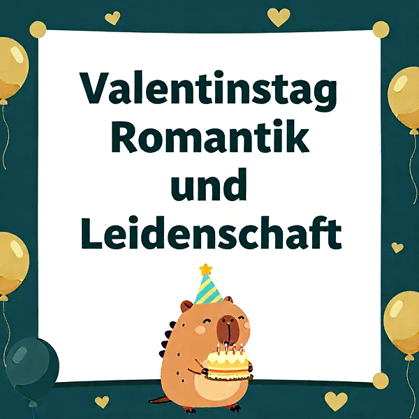 Ein süßes Nagetier mit Partyhut hält eine Geburtstagstorte voller Kerzen. Goldene Ballons und Herzen umrahmen das festliche Motiv auf einem dunkelgrünen Hintergrund, perfekt für liebevolle Glückwünsche.
