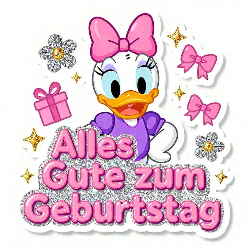 Daisy Duck im lila Oberteil mit pinker Schleife wünscht alles Gute zum Geburtstag. Funkelnde Blumen, Sterne und Geschenke umrahmen den glitzernden Schriftzug auf weißem Hintergrund.