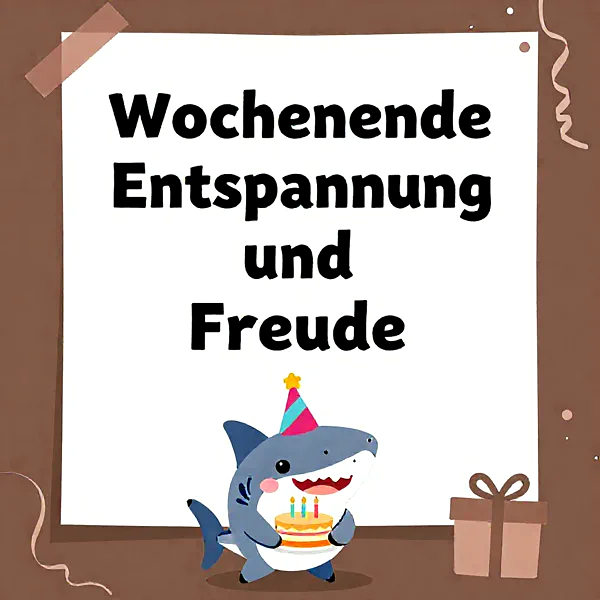 Ein süßer Hai mit Partyhut hält eine Geburtstagstorte, daneben steht ein Geschenk, alles in einer festlichen Atmosphäre.