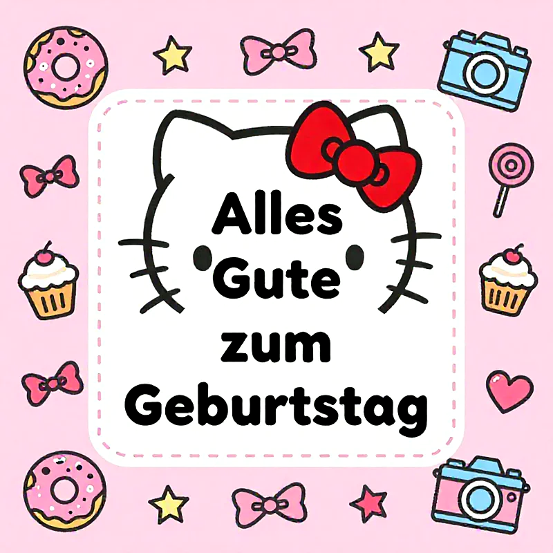 Liebevolle Geburtstagskarte im Hello Kitty Design auf rosafarbenem Hintergrund, umgeben von Donuts, Schleifen, Sternen und Kameras. Der Spruch 'Alles Gute zum Geburtstag' steht zentral für herzliche Wünsche.