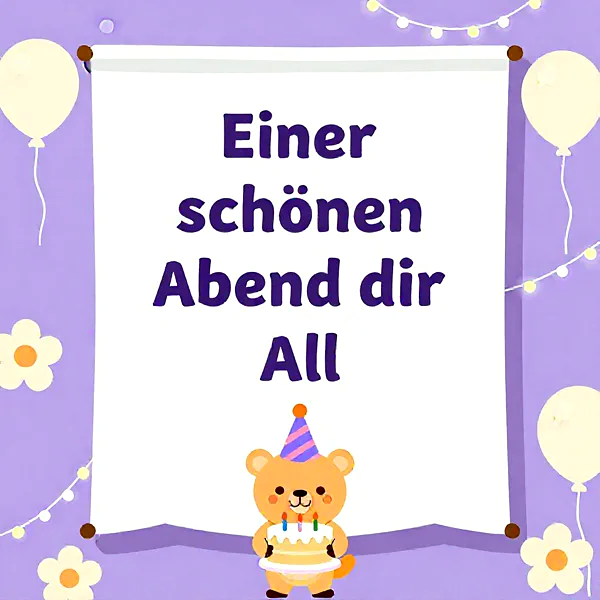 Ein süßer brauner Teddybär mit blauem Partyhut hält eine Geburtstagstorte mit bunten Kerzen. Der Hintergrund ist fliederfarben, dekoriert mit weißen Ballons, Blumen und Lichterketten, was eine festliche Stimmung verbreitet.