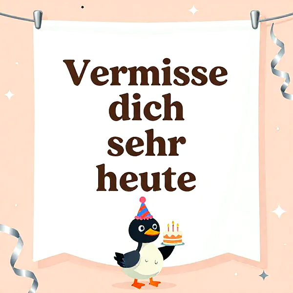 Ein süßer Cartoon-Pinguin mit gestreiftem Partyhut hält eine kleine Geburtstagstorte mit drei brennenden Kerzen. Das festliche Bild in Rosatönen mit glitzernden Sternen und silbernen Bändern enthält den Text: "Vermisse dich sehr heute".
