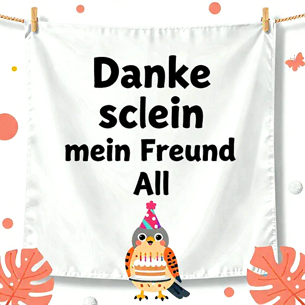 Ein niedlicher, bunter Vogel mit Partyhut und kleiner Geburtstagstorte voll Kerzen hängt an einer Wäscheleine. Eine süße Überraschung für fröhliche Geburtstagsglückwünsche mit festlicher Stimmung.