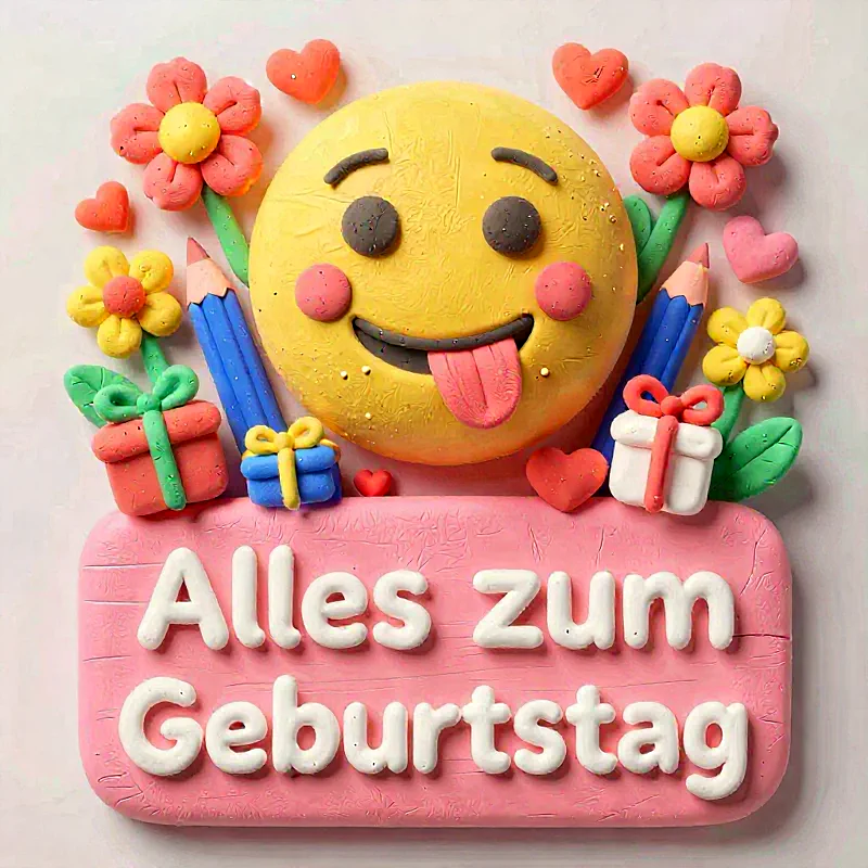 Fröhliches gelbes Emoji mit herausgestreckter Zunge, umgeben von bunten Knetgummi-Blumen, kleinen Herzen und festlichen Geschenken. Ein rosa Schild mit der Aufschrift "Alles zum Geburtstag" ergänzt dieses süße und spielerische Motiv.