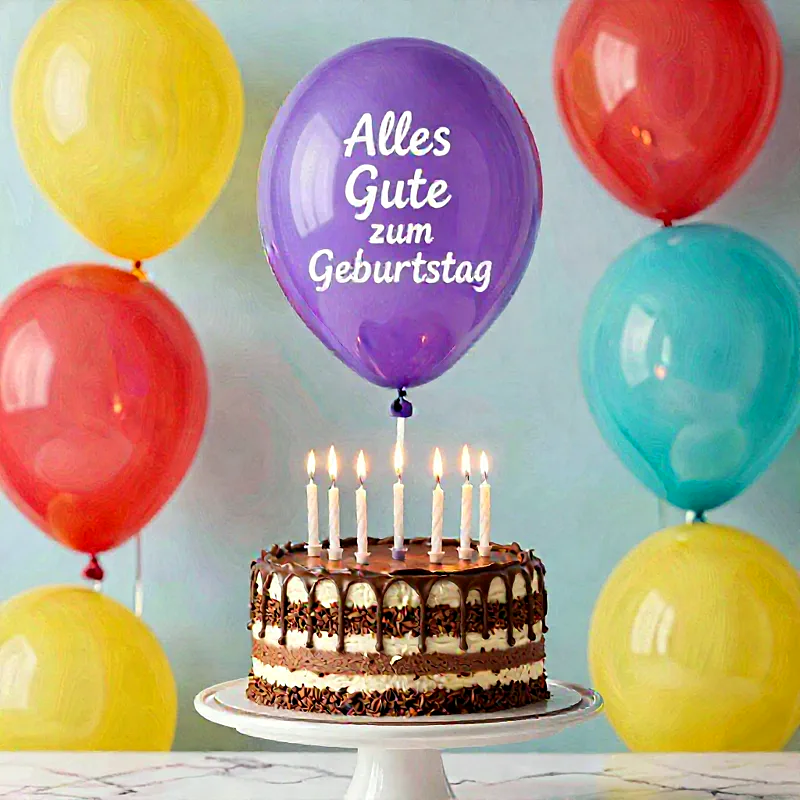 Festlicher Schokoladen-Geburtstagskuchen mit sieben brennenden Kerzen auf weißem Ständer. Bunte Ballons in Gelb, Rot, Lila und Türkis schweben fröhlich. Ein lilafarbener Ballon verkündet 'Alles Gute zum Geburtstag' mit einem Lächeln.