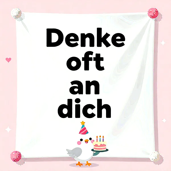 Ein entzückendes Küken mit Partyhut hält eine kleine Geburtstagstorte mit brennenden Kerzen. Der Spruch "Denke oft an dich" steht auf einem weißen Tuch vor rosa Hintergrund mit Herzen und Sternen.