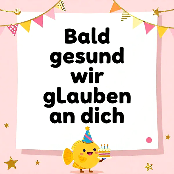Ein goldener Cartoon-Fisch mit blauem Partyhut hält eine kleine Geburtstagstorte mit drei Kerzen. Der Hintergrund ist sanft rosa mit funkelnden Sternen und bunten Wimpelketten, darüber ein weißes Schild mit dem herzlichen Spruch: "Bald gesund wir glauben an dich".