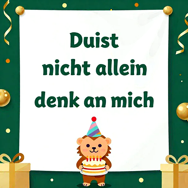 Niedliches cartoon Äffchen mit Partyhut und Geburtstagstorte, Kerzen leuchten. Grüner, festlicher Hintergrund mit goldenen Kugeln, Bändern und Geschenken. Eine herzliche Nachricht der Verbundenheit.