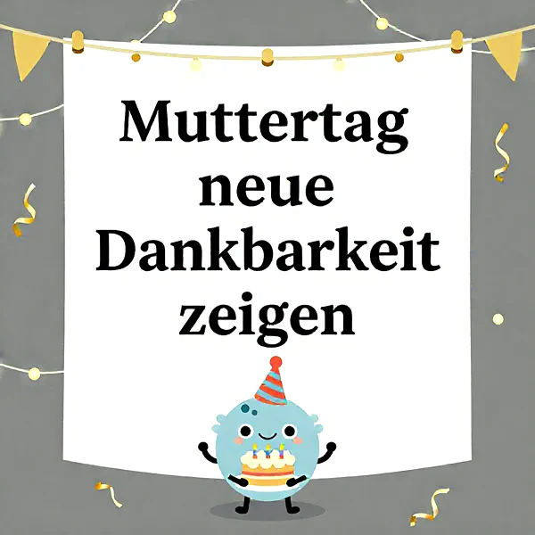 Ein rundes, blaues Cartoon-Maskottchen mit einem gestreiften Partyhut hält eine Geburtstagstorte mit vier leuchtenden Kerzen. Goldene Wimpelketten und Lichterketten zieren den oberen Bildrand, während Konfetti auf dem grauen Hintergrund schwebt und eine fröhliche Atmosphäre schafft.