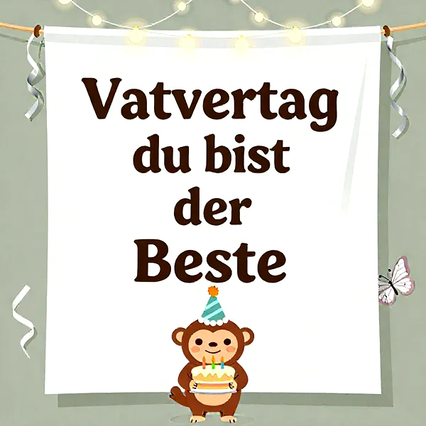 Süßer Affe mit blauem Partyhut und Geburtstagstorte. Ein weißes Banner mit dem Spruch 'Vatvertag du bist der Beste' hängt festlich beleuchtet. Dekorative Girlanden und ein kleiner Schmetterling ergänzen das fröhliche Bild.