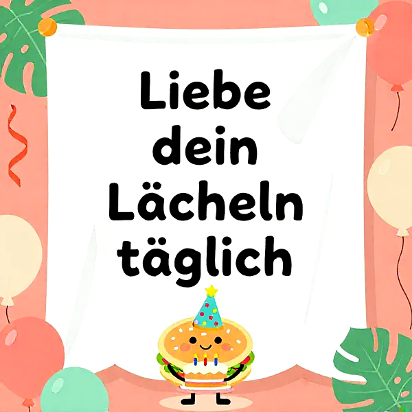 Ein entzückender Cartoon-Burger mit Partyhut hält eine kleine Geburtstagstorte mit zwei Kerzen. Ballons und tropische Blätter umrahmen den freundlichen Spruch "Liebe dein Lächeln täglich" auf einer festlichen Karte. Die helle, positive Stimmung verbreitet sofort gute Laune.