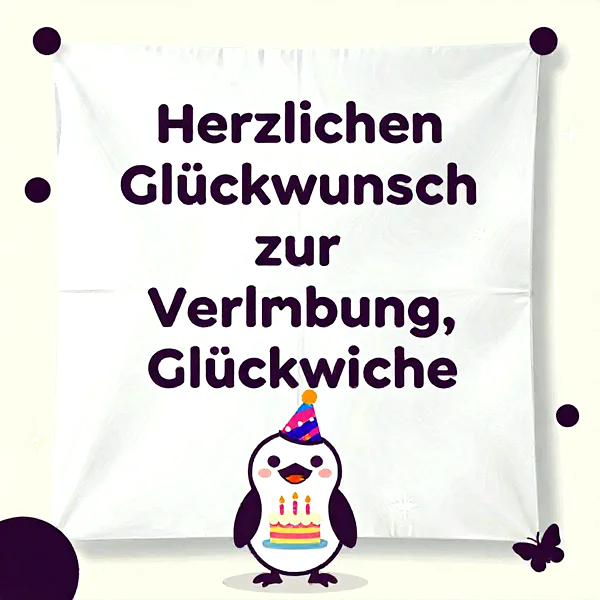 Ein süßer Cartoon-Pinguin mit festlichem Partyhut hält eine bunte Geburtstagstorte mit drei Kerzen vor einem weißen Banner. Eine niedliche Grußkarte für herzliche Glückwünsche.
