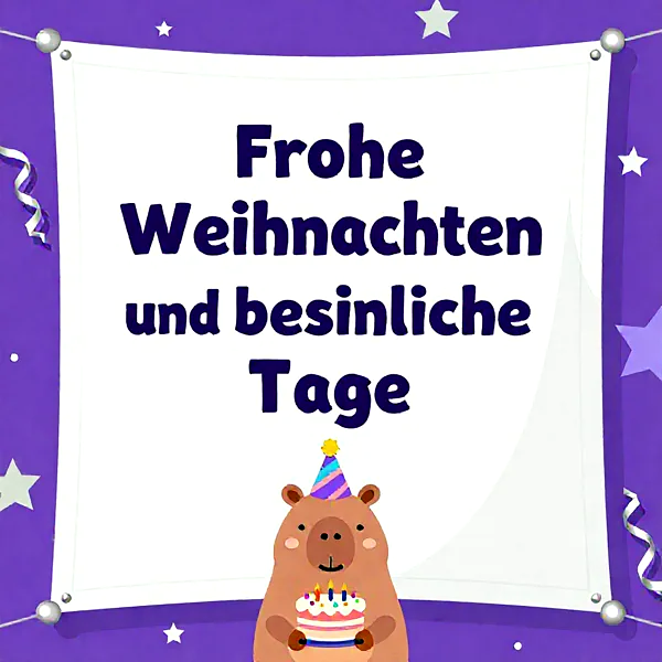 Ein niedlicher brauner Bär mit einem bunten Partyhut hält eine Geburtstagstorte mit Kerzen. Der festliche lila Hintergrund ist mit Sternen und Girlanden geschmückt, ein weißes Banner trägt die freudige Botschaft.