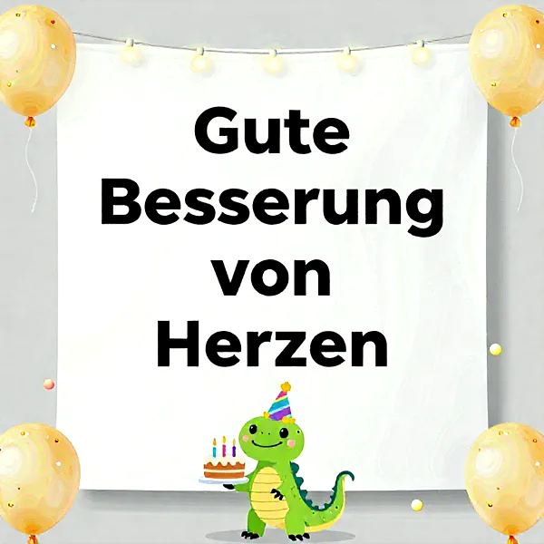 Ein süßer grüner Dinosaurier mit Partyhut hält eine kleine Geburtstagstorte vor einem weißen Banner, das 'Gute Besserung von Herzen' zeigt. Gelbe Luftballons und Lichterketten schmücken die festliche Szene für Genesungswünsche.