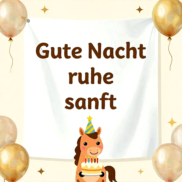 Cartoon-Pferd mit Partyhut hält eine Geburtstagstorte. Ein Banner zeigt 'Gute Nacht ruhe sanft'. Goldene Ballons und Sterne schmücken den hellen Hintergrund. Süßes Motiv für entspannte Abendwünsche.