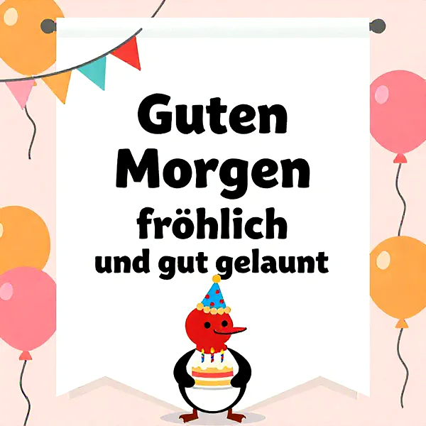Ein niedlicher roter Pinguin mit blauem Partyhut hält eine kleine Geburtstagstorte mit Kerzen. Der Hintergrund zeigt bunte Luftballons und eine Girlande, dazu der Text "Guten Morgen fröhlich und gut gelaunt" auf einem Banner.
