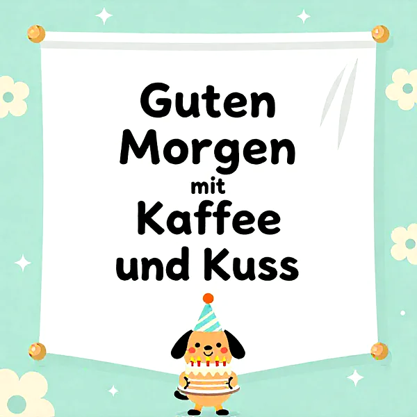 Ein niedlicher, brauner Cartoon-Hund mit Partyhut hält eine leuchtende Geburtstagstorte auf einem mintgrünen Hintergrund. Darüber steht in fetter Schrift 'Guten Morgen mit Kaffee und Kuss'.