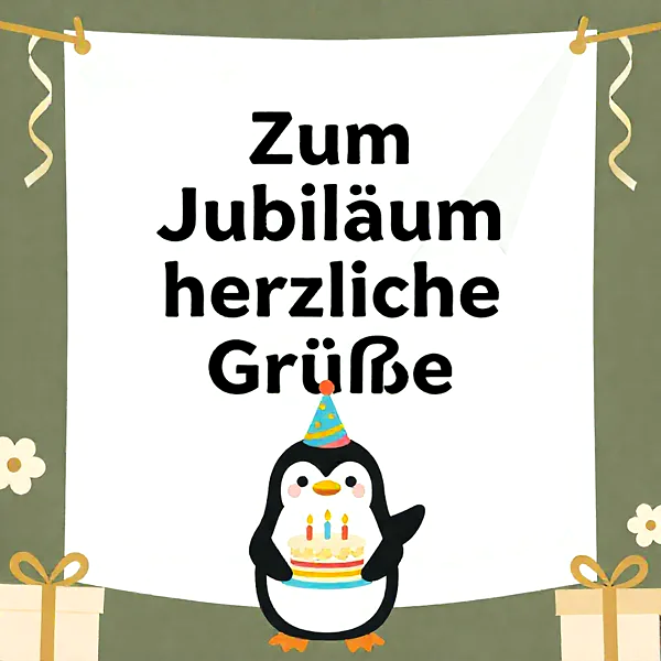 Ein entzückender Cartoon-Pinguin mit festlichem Partyhut präsentiert eine farbenfrohe Geburtstagstorte mit leuchtenden Kerzen. Umrahmt von goldenen Geschenken und Bändern auf grünem Hintergrund, übermittelt dieses süße Bild herzliche Jubiläumsgrüße und fröhliche Glückwünsche.