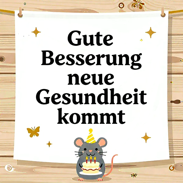 Eine niedliche graue Maus mit gelbem Partyhut hält einen kleinen weißen Kuchen mit brennenden Kerzen. Auf dem weißen Banner steht "Gute Besserung neue Gesundheit kommt", umgeben von goldenen Sternen und einem Schmetterling, vor einem hellen Holzhintergrund.