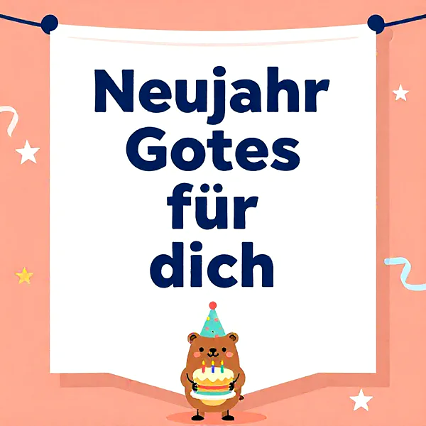 Ein knuffiger brauner Bär mit blauem Partyhut hält eine Geburtstagstorte mit vier Kerzen. Darüber hängt ein weißes Banner mit dem dunkelblauen Text „Neujahr Gottes für dich“ vor einem pfirsichfarbenen Hintergrund mit Sternen und Girlanden.