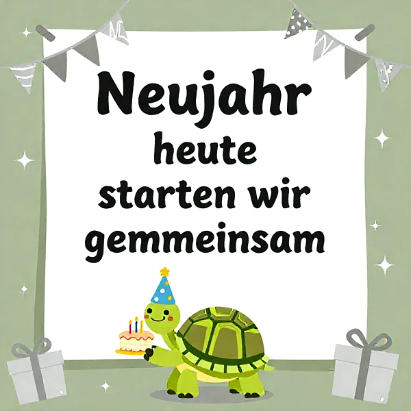 Eine fröhliche Cartoon-Schildkröte in einem Partyhut präsentiert stolz eine kleine Geburtstagstorte mit drei Kerzen. Der Hintergrund ist hellgrün, geschmückt mit grauen Wimpelketten und funkelnden Sternen. Geschenkpakete rahmen das niedliche Motiv ein, bereit für einen gemeinsamen Neuanfang.