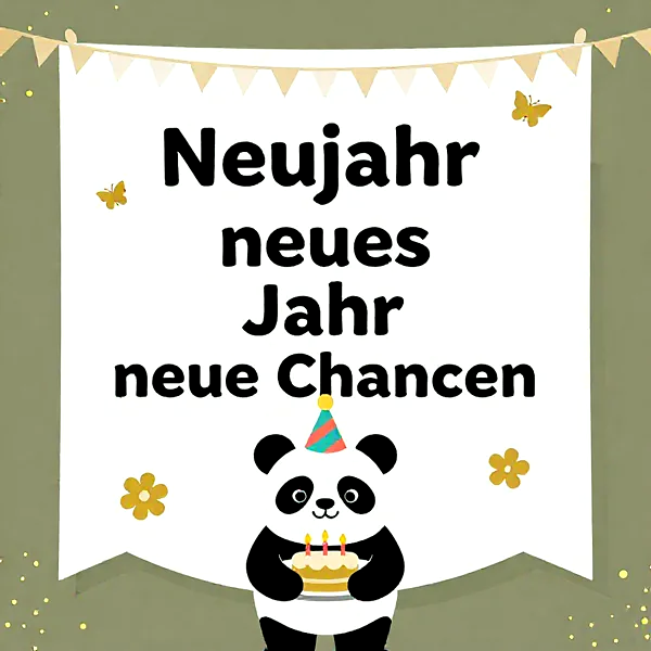 Ein niedlicher Panda mit Partyhut präsentiert eine kleine Torte mit drei Kerzen. Darüber ein weißes Banner mit dem Text „Neujahr neues Jahr neue Chancen“. Kleine Schmetterlinge und Blüten umgeben diese festliche, optimistische Szene.