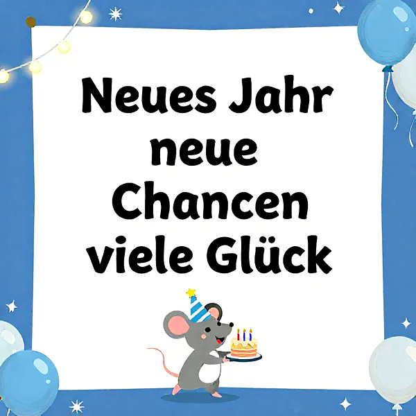 Ein süßes graues Mäuschen, bezaubert mit Partyhut, präsentiert eine festliche Torte mit Kerzen. Blaue Ballons und funkelnde Lichterketten rahmen den weißen Text 'Neues Jahr neue Chancen viele Glück' auf blauem Grund ein.