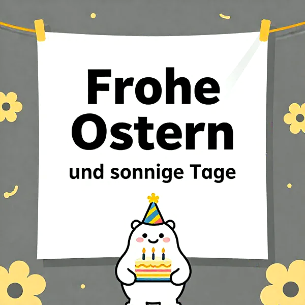 Ein niedlicher, lächelnder Eisbär mit Partyhut hält eine brennende Festtagstorte unter einem frohen Ostergruß. Fröhliche gelbe Blumen und bunte Details schmücken den grauen Hintergrund für frühlingshafte Wünsche.