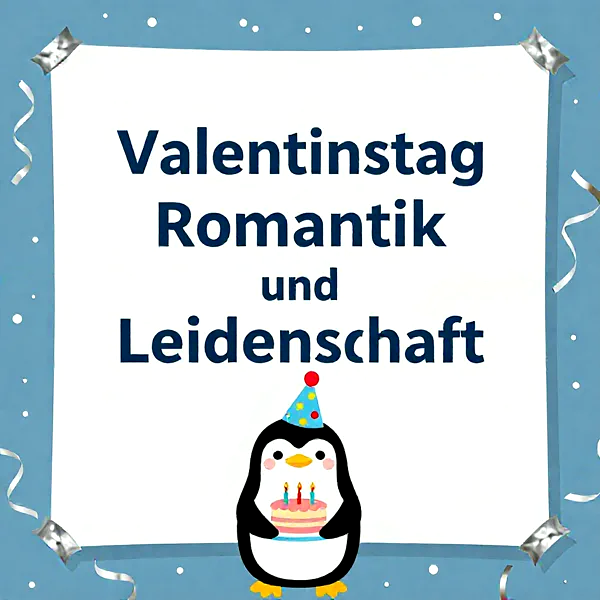 Ein niedlicher Pinguin mit Partyhut hält eine Geburtstagstorte mit drei Kerzen. Das Bild hat einen hellblauen Rahmen, verziert mit weißen Konfetti und silbernen Schleifen, und trägt den Spruch "Valentinstag Romantik und Leidenschaft".