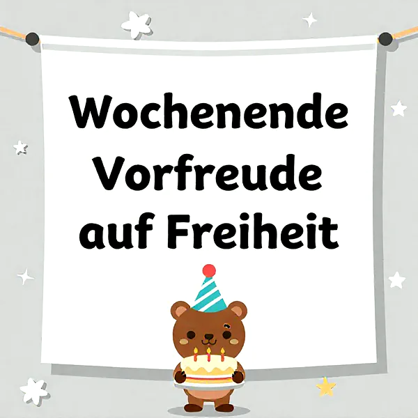 Ein niedlicher Bär mit gestreiftem Partyhut hält eine kleine Geburtstagstorte mit drei leuchtenden Kerzen. Das festliche Bild symbolisiert fröhliche Vorfreude und Freiheit für entspannte Tage.