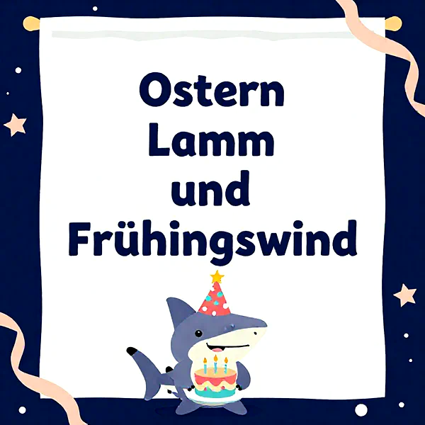 Niedlicher Cartoon-Hai mit Partyhut und festlicher Geburtstagstorte voller Kerzen auf einem dunkelblauen Hintergrund mit Sternen. Ein fröhliches Grußbild für besondere Anlässe.