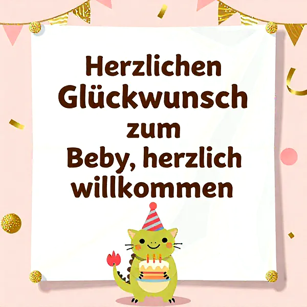 Ein süßer grüner Drachen-Katze-Cartoon mit Partyhut hält eine kleine Geburtstagstorte mit Kerzen. Der festliche rosa Hintergrund ist mit goldenem Konfetti und Wimpelketten dekoriert. Das Bild übermittelt herzliche Baby-Glückwünsche und eine Willkommensbotschaft.