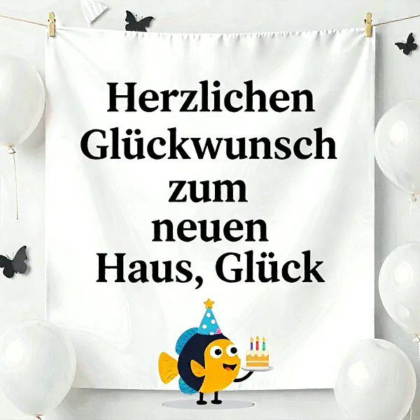 Ein fröhlicher Cartoon-Fisch mit Partyhut und Torte überbringt Glückwünsche zum neuen Haus auf einem weißen Banner. Umgeben von schwebenden Ballons und zarten Schmetterlingen, strahlt das Bild eine liebevolle und festliche Atmosphäre aus.