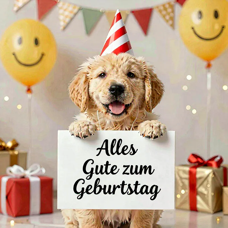 Ein goldiger Welpe mit Partyhut hält ein Schild mit „Alles Gute zum Geburtstag“. Festliche Ballons, bunte Wimpelketten und verpackte Geschenke rahmen die Szene ein und verbreiten fröhliche Stimmung.