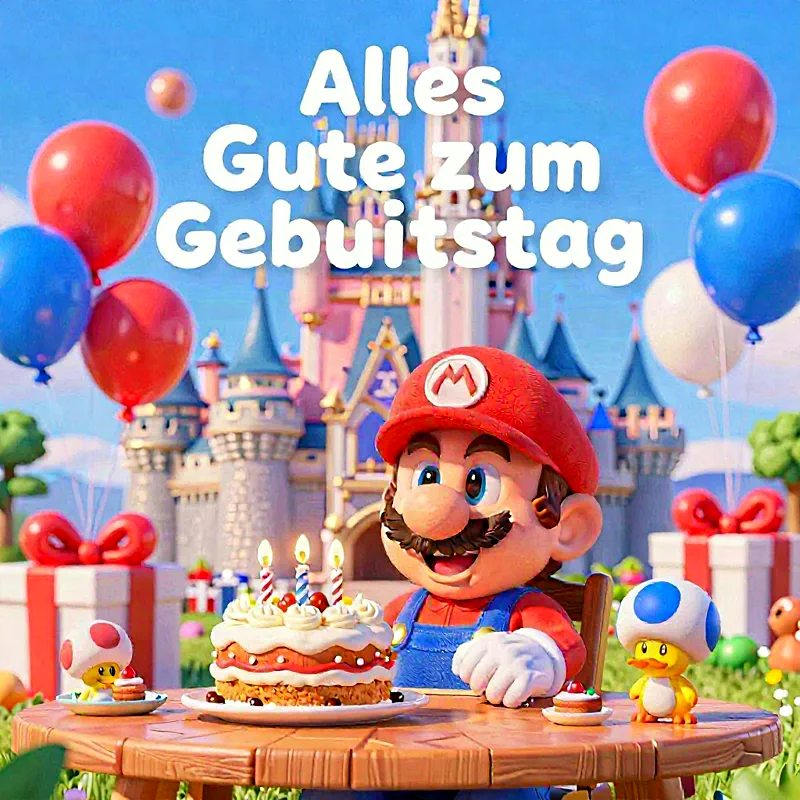 Super Mario feiert ausgelassen Geburtstag mit einer festlichen Torte voller Kerzen und bunten Ballons. Ein prächtiges Märchenschloss bildet den Hintergrund, umgeben von Geschenkpaketen und charmanten Pilz-Charakteren, die pure Freude verbreiten.