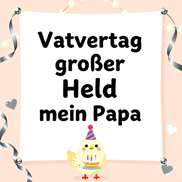 Ein niedliches gelbes Küken trägt einen Partyhut und eine Geburtstagstorte mit Kerzen. Der Spruch „Vatvertag großer Held mein Papa“ steht auf einem weißen Blatt, dekoriert mit Lichtern und silbernen Bändern. Ein herzlicher Vatertagsgruß.