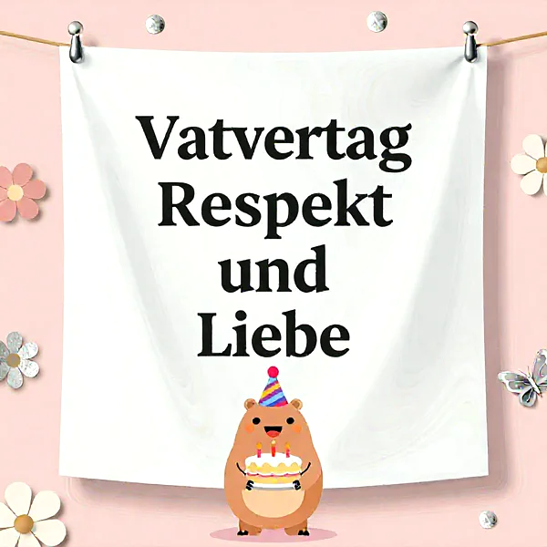 Süßer Cartoon-Bär im Partyhut hält eine Geburtstagstorte mit Kerzen vor einem Banner mit dem Spruch 'Vatertag Respekt und Liebe', umgeben von Blumen und Schmetterlingen auf rosa Hintergrund.