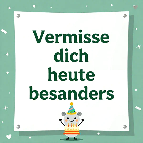 Süßes graues Tier mit Partyhut und Geburtstagstorte auf einer weißen Karte, die den Spruch 'Vermisse dich heute besonders' zeigt. Festliche Stimmung mit Konfetti auf mintgrünem Hintergrund.