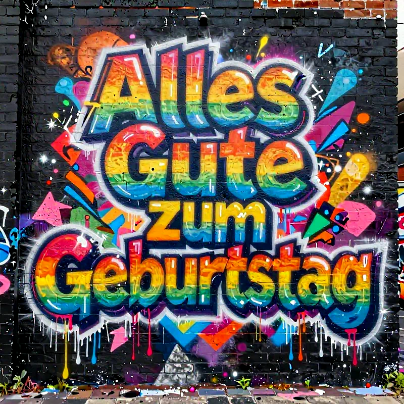 Dynamisches Graffiti mit 'Alles Gute zum Geburtstag' in lebhaften Regenbogenfarben. Der urbane Street-Art-Stil auf einer dunklen Ziegelwand, ergänzt durch Farbspritzer und tropfende Farbe, vermittelt eine festliche, moderne und fröhliche Stimmung.