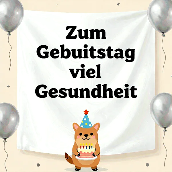 Ein süßer brauner Cartoon-Hund mit Partyhut hält eine Geburtstagstorte mit Kerzen vor einem weißen Banner. Silberne Ballons und Konfetti umrahmen den herzlichen Wunsch nach Gesundheit zum Geburtstag.